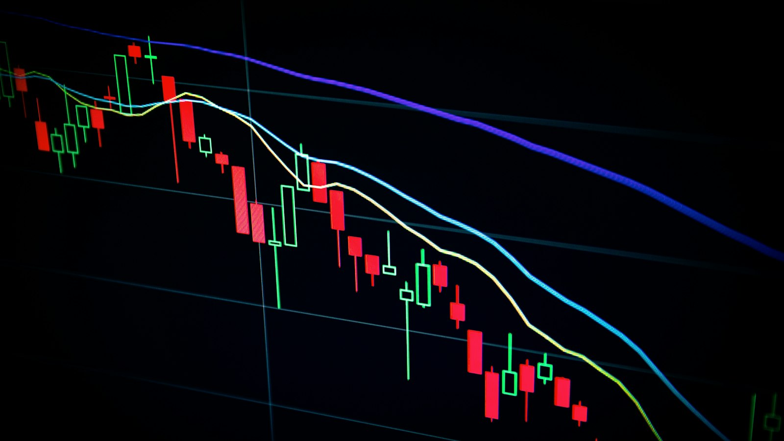 Candlestick stock chart displayed on a dark screen