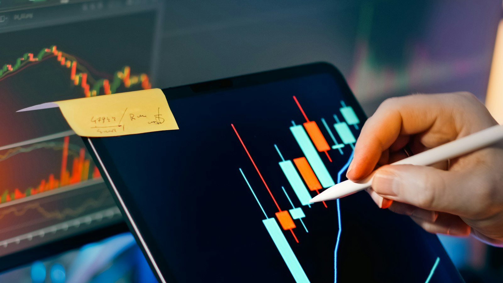 Trader reviewing stock market charts on a tablet and monitor